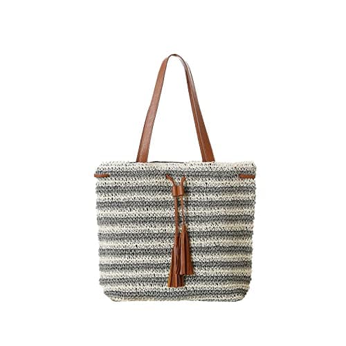 Hixingo Women Straw Bag, Summer Beach Large Hand-Woven Shoulder Bag Bohemian Stripe Straw Bag Crossbody Bag Zipper Tote Bag for Gift Holiday Travel Shopping (40x31x23cm,Grey)