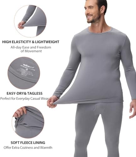 wirarpa Men's Thermal Underwear Set Long Johns Top & Bottom Light Grey L — view 2