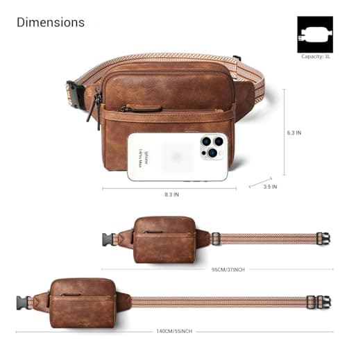 LATMAP 3L Fanny Pack Bumbags for Women Men 4-Zipper Pockets Belt Bag Sling Waist Pack Faux Leather Chest Bag Brown — view 3