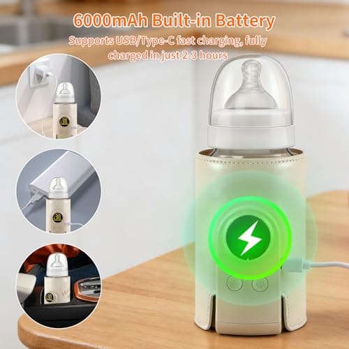 Portable Bottle Warmer, Rechargeable Baby Bottle Warmer with 6-Speed Adjustable Temperature and 18W Fast Heating, Baby Milk Warmer with LED Temperature Display and Night Light, Travel-Friendly — view 4