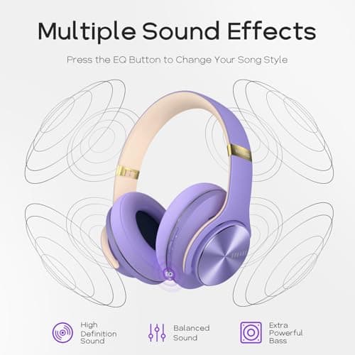 DOQAUS Bluetooth Headphones Over Ear, 90H Playtime, Bluetooth 5.3 Wireless Headphones, 3 EQ Mode, Foldable Hi-Fi Stereo Bass Headphones Wireless, Soft Earpad, Built-in Mic, for Phone PC Travel(Purple) — view 4