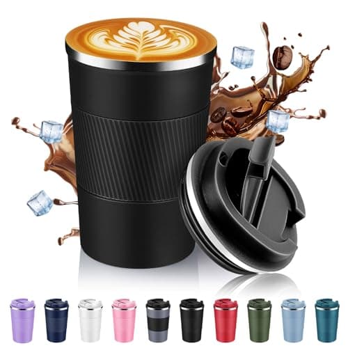 Volhoply 380ml 13oz Stainless Steel Insulated Travel Coffee Mug with Fip Lid,Reusable Double Wall Vacuum Metal Coffee Cup,Portable to Go Leak Proof Cafe Tumbler for Hot & Cold Drinks(Black,1)