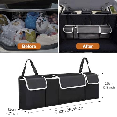 ASelected Car Trunk Organizer 90 x 25 x 12 cm with Adjustable Straps for SUV Foldable with Multiple Compartments Waterproof PVC Trunk Storage Space Saving, Black — view 2