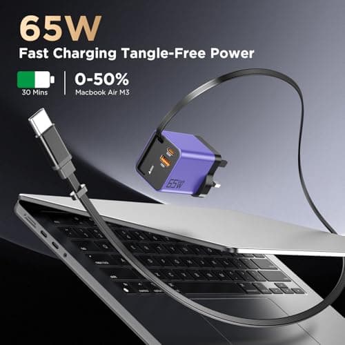 65W GaN USB C Charger 3-Port with Retractable 0.7m Cable(Purple) — view 3