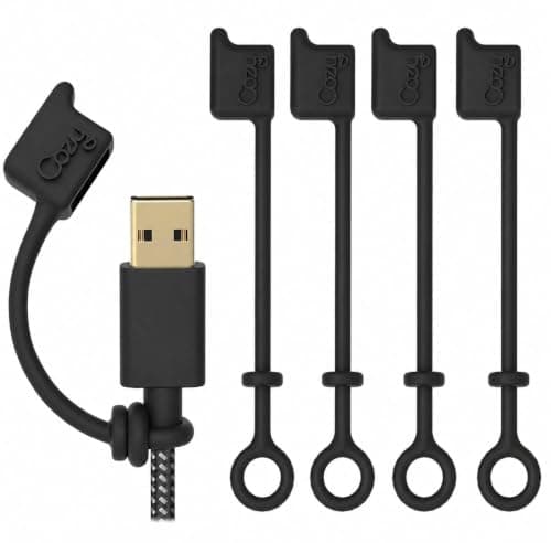 Cozy USB-A Cable Caps with Tether, Anti-Lost Dust Plug Covers for Charging Cords and Power Adapters, Black, 5-Pack