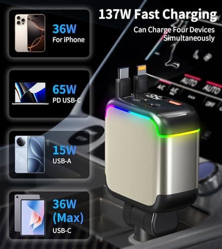XXZU 137W Retractable USB C Car Charger,4-in-1 Fast Car Charger — view 2