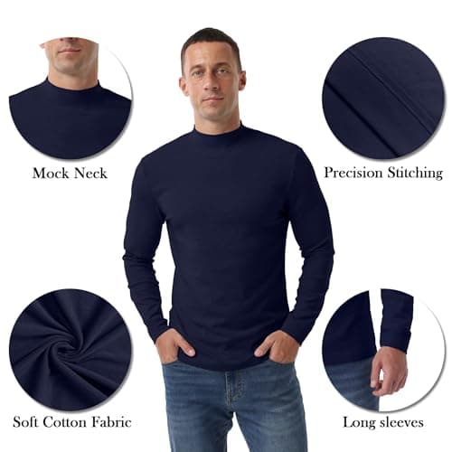 QIXING Men's Thermal Top, Long Sleeve Mock Neck Cotton Base, Navy Blue, S — view 4