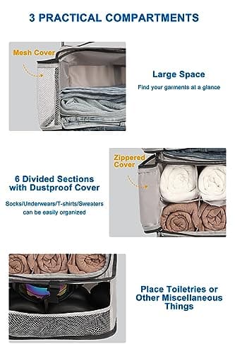 ELEZAY Hanging Packing Cubes Portable Closet 3-Shelf Travel Collapsible Compression Garment Organiser for Carry-on Luggage Suitcase Space Saver Bag X-Large_No Side Pockets, Lightgrey — view 3