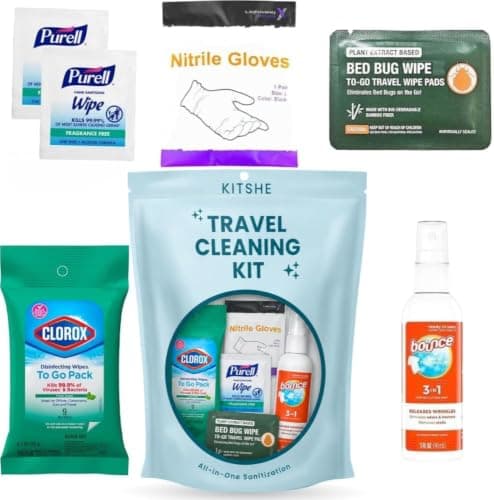 Travel Cleaning Supplies Kit - Travel Size Cleaning Supplies For Hotels, Bathrooms with Gloves, Surface Wipe, Fabric Cleaner, Hand Wipes, Bed Bug Wipes