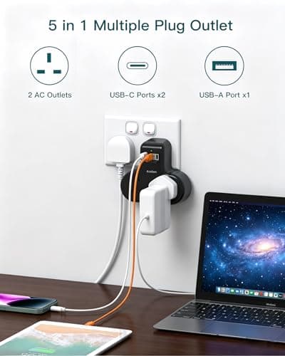 Addtam 2 Way Multi Plug Adaptor, Double Plug Extension with 3 USB Ports — view 2