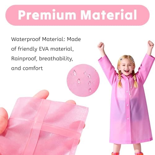 AropaeenGlowry 2pcs Kids Waterproof Rain Poncho with Hood & Sleeves - Reusable EVA Raincoat for Boys Girls, Camping & Travel, Pink — view 4