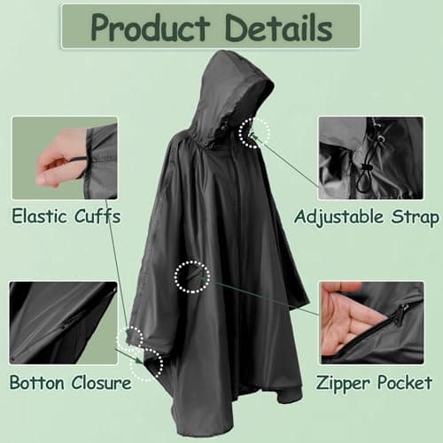 Nomadnia Plus Size Adult Rain Poncho with Hood and Zipper, Poncho Para Lluvia, Tactical Ponchos Adult For Camping, Hiking, Fishing, Travel and Outdoors. Easy to Pack. Black — view 5