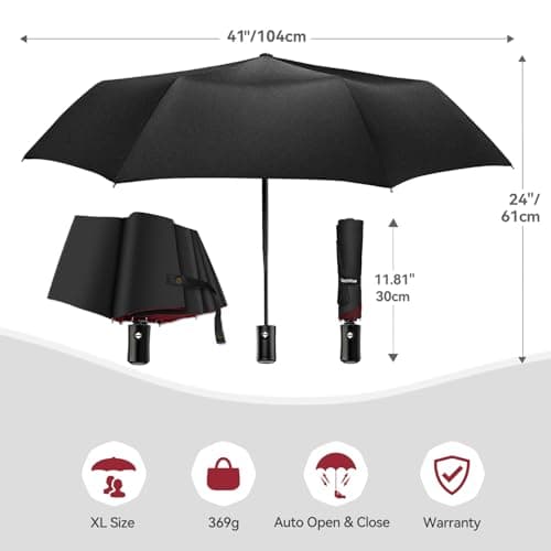 TechRise Umbrella, Compact Strong Windproof Automatic Umbrellas, Folding Lightweight, Portable Travel Golf Umbrella for Rain, One Button Auto Open and Close, Red&Black — view 5