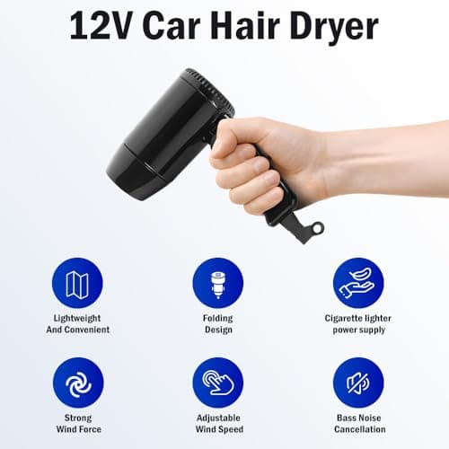 Riloer Hot And Cold Folding Hair Dryer For 12 V Cars, Travel Hair Dryer, Car Heater, Car Mist Eliminator,Portable Compact Foldable 12V in Car for Travelling,Camping, Festivals, Caravan, Motorhome — view 2