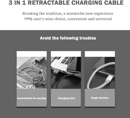 Amuvec 2 Pack 3 in 1 Retractable Charger Cable, 3A Fast Charge Grey Cord 1M — view 6
