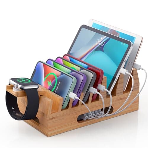 All In One Family Dock Station, Wooden Bamboo Charge Stand-Natural Bamboo