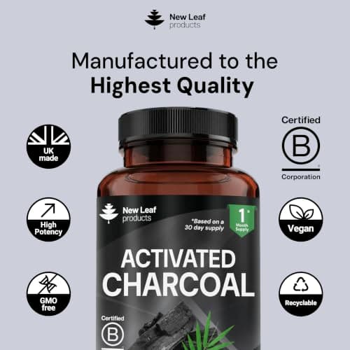 Activated Charcoal Capsules - 120 High Strength Activated Charcoal Tablets Alternative - 1040mg Per Serving, Helps Reduce Excessive Flatulence After Eating - Made in UK By New Leaf — view 5
