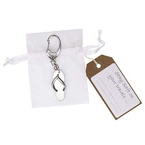 Travel Safely flip flop metal keyring in a smart organza pouch with printed gift tag