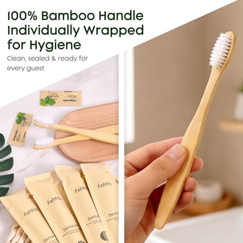 FEHHTO 100 Pack Bamboo Toothbrushes Kit Bulk, Disposable Toothbrushes Soft Bristle with Toothpaste (6g), Individually Wrapped Guest Dental Kit for Hotel Amenities, Airbnb Hosts, Travel & Camping — view 5