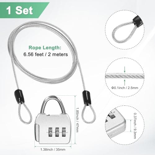 M METERXITY 1-Set Security Cable Lock with 3 Digit Combination Lock, 6.56FT PVC Coated Steel Luggage Lock Wire Rope for Luggage Suitcase/Outdoor Travel/Bike, Double Loop Cable [Silver] — view 3