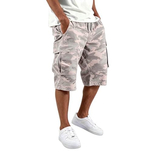 Men's Cargo Pants with 6 Pockets for Outdoor Hiking, Relaxed Fit Tapered Jogger in Cotton Blend for Work and Travel(XXL) Light Pink