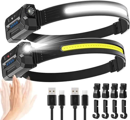 【2 Pack】Head Torch Rechargeable, Super Bright 230° Wide Beam Headtorch