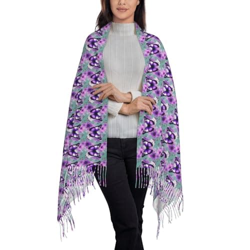 Purple Butterfly Print Elegant Fringe Scarf Shawl Wrap For Women Winter Fall Spring Travel Accessory Gift — view 2