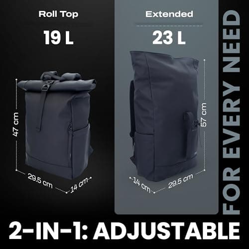 iNeq Roll Top Backpack Water Resistant Men and Women with Padded 15.6" Laptop & Tablet Compartments | Versatile Rolltop Rucksack | Expandable Travel Backpack for Work, School & Outdoors (Black) — view 3