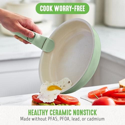 GreenLife 10 Piece Nonstick Pots & Pans Set, Detachable Handle & Stackable Cookware Set, Non Toxic PFAS-Free Skillets, Induction Kitchen Pans, Space Saving, Serving Bowls, Oven Safe, Sage Green — view 2