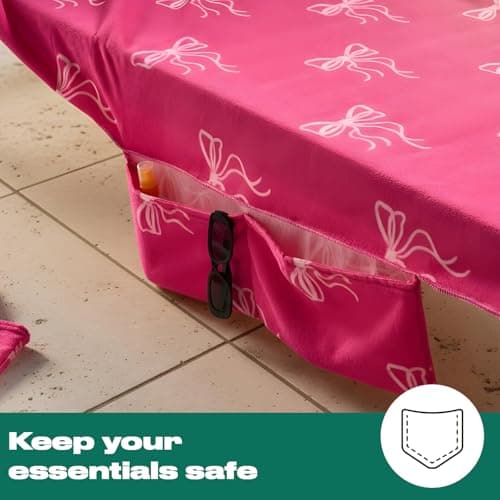 OHS Sun Lounger Towel with Pockets Bow Print, Soft Quick-Dry Absorbent Beach Towels for Adults Lightweight Large Microfibre Beach Towel Summer Holiday Essentials, Pink - 75 x 215cm — view 3