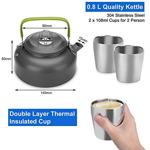 Odoland Camping Cookware Mess Kit with Stove, Lightweight Outdoor Pot Pan Kettle with 2 Cups, Fork Spoon Cookware Set Carabiner Backpacking Picnic Gear for Trekking and Hiking for 2 People — view 4