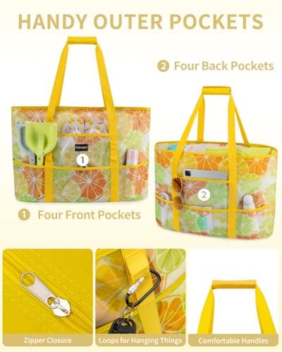Large Beach Bag with Zip Mesh Beach Bags for Women Men Family, L Lemon — view 5