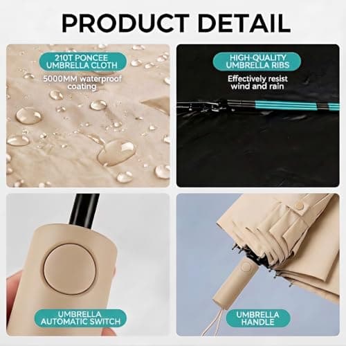 NAYEZH Umbrella Windproof Travel Umbrella for Rain, Auto Open Close, 12 Ribs 3+2 Fiberglass Frame, Durable Compact Portable Umbrella for Daily Use (Cream) — view 3