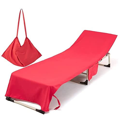 Morbuy Portable Solid Color Beach Towel, Beach Chair Cover Towel, Sun Lounger Beach Towel with Pockets, Microfiber Chaise Lounge Towel Cover for Summer Outdoor Garden Pool Vacation Travel (Red)