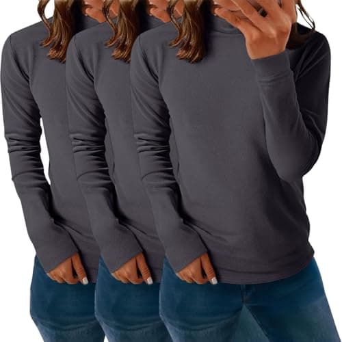 YCBMINGCAN Pack of 3 Women's Thermal Shirt Long Sleeve & Turtleneck Shirt Lightly Lined Soft Basic Top with Stand-Up Collar Thin Fleece Undershirt Winter Tops for Women, #1-grey, M — view 4