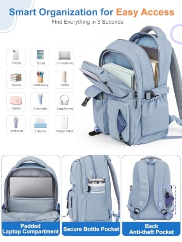 FIORETTO Lightweight School Backpack Womens, Cute School Bag for Teenager Girls, 15.6 Laptop Rucksack Backpack for School Casual Daypacks Travel Backpack for College Work Blue 25L — view 4