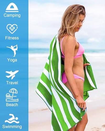 Victoper Microfiber Beach Towel d Rapid Drying Sand Free Soft Compact Lightweight Qualities Beach Towels for Adults Ideal for Swimming Beach Yoga Camping Gym Carry Bag Mint Green Stripes 63x32 Inch — view 4