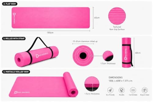 Diva Sports Premium Extra Thick Yoga Mat, 15mm Non-Slip Leather Workout Mat, 180x60cm with Carry Strap (Pink) — view 4
