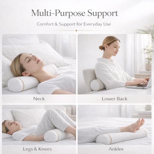 BEAN DELUXE Buckwheat Pillow Adjustable Firm Organic Cotton Bolster Neck Roll Pillow for Pain Pain Relief Sleeping Round Support Cervical Pillows, White 3'' x 16'' — view 3