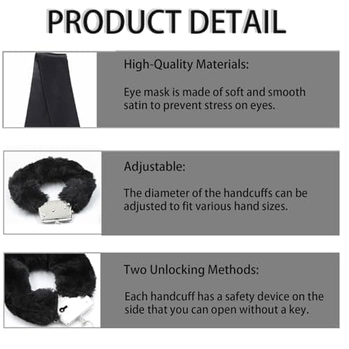 Fluffy Handcuffs, Metal Handcuff with 2 Keys, Sleep Eye Mask Play,Cosplay Costume Props for Cosplay,Valentine's Gift Handcuffs Prop Dress Ball Party (Black) — view 4