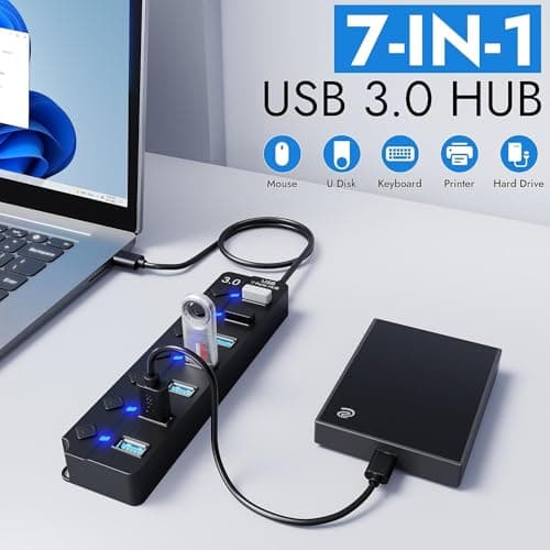 7-Port USB Hub 3.0 – Multi USB Port Hub with Individual Switches and Lights – USB Multiport Adapter Splitter – High-Speed USB Hub Extender for PC, Laptop, Macbook, Flash Drives, Mobile HDD — view 2