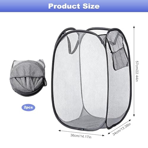 2 Pack Foldable Mesh Laundry Baskets, Collapsible Washing Bag with Handles & Side Pocket, Large Capacity Dirty Clothes Basket for Bedroom, Bathroom, Kids Room Student Dorm Travel — view 2
