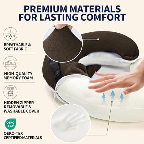 BUYUE Travel Neck Pillows for Airplanes, 360° Head Support Sleep for Long Flight, Skin-Friendly & Breathable, Kit with 3D Contoured Eye Mask, Earplugs and Storage Bag (Large, Brown, 90+ lbs) — view 4