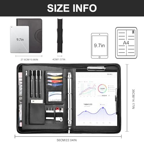 Leathario Portfolio Folder A4, Vegan Leather Conference Folder with Handle, 4-Ring Travel Document Holder with 5 5-Part File Dividers, Multi-Pocket Document Folder Organiser, Office Supplies — view 2