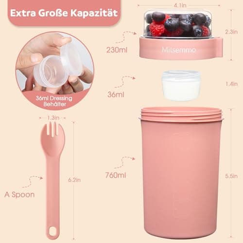 Mitsemmo Cereal Cup On The Go,760ml+230ml Breakfast Pots to Go,Yogurt and Granola Pot With Sauce Container,Travel Cereal Bowl and Milk Container for Work,Reusable Overnight Oats Jar with Lid & Spoon — view 2