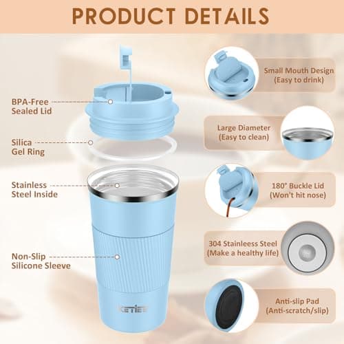 KETIEE 510ml Sky Blue Insulated Coffee Cup with Leakproof Lid, Reusable Travel Mug, Double Walled Stainless Steel Coffee Mug for Hot Cold Drinks, Keeps Hot/Cold Up to 6 Hours, Non-Slip, Easy Clean — view 2