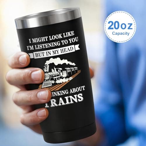 Livole Train Gifts for Men, Him, Dad, Christmas Gifts for Train Enthusiasts, Novelty Mens Present for Birthday, In My Head I'm Thinking about Trains, 20oz 600ml Double Walled Travel Coffee Tumbler Mug — view 4