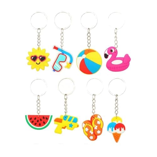 LYhsmg 8 Pack Summer Keychains for Kids, Hawaiian Party Favours, Beach Fruit Keyrings for Party Bag Fillers, Pool Party Decorations and Classroom Prizes