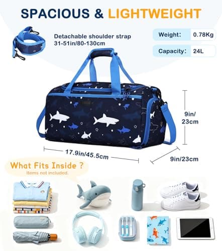 Overnight Bag for Kids, VASCHY Large Capacity Travel Duffle Bag for Boys Lightweight Holdall Gym Bag Weekender Bag with Shoes and Seperated Dry Wet Compartment for School, Dance, Sport（Blue Sharks） — view 2