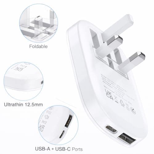 Ultra Slim 30W USB Wall Charger Plug UK Foldable Fast Charging Adapter, Dual Port USB-A + USB-C, Compact Travel Charger for iPhone, iPad, Samsung, Laptop, Nintendo Switch (White) — view 6